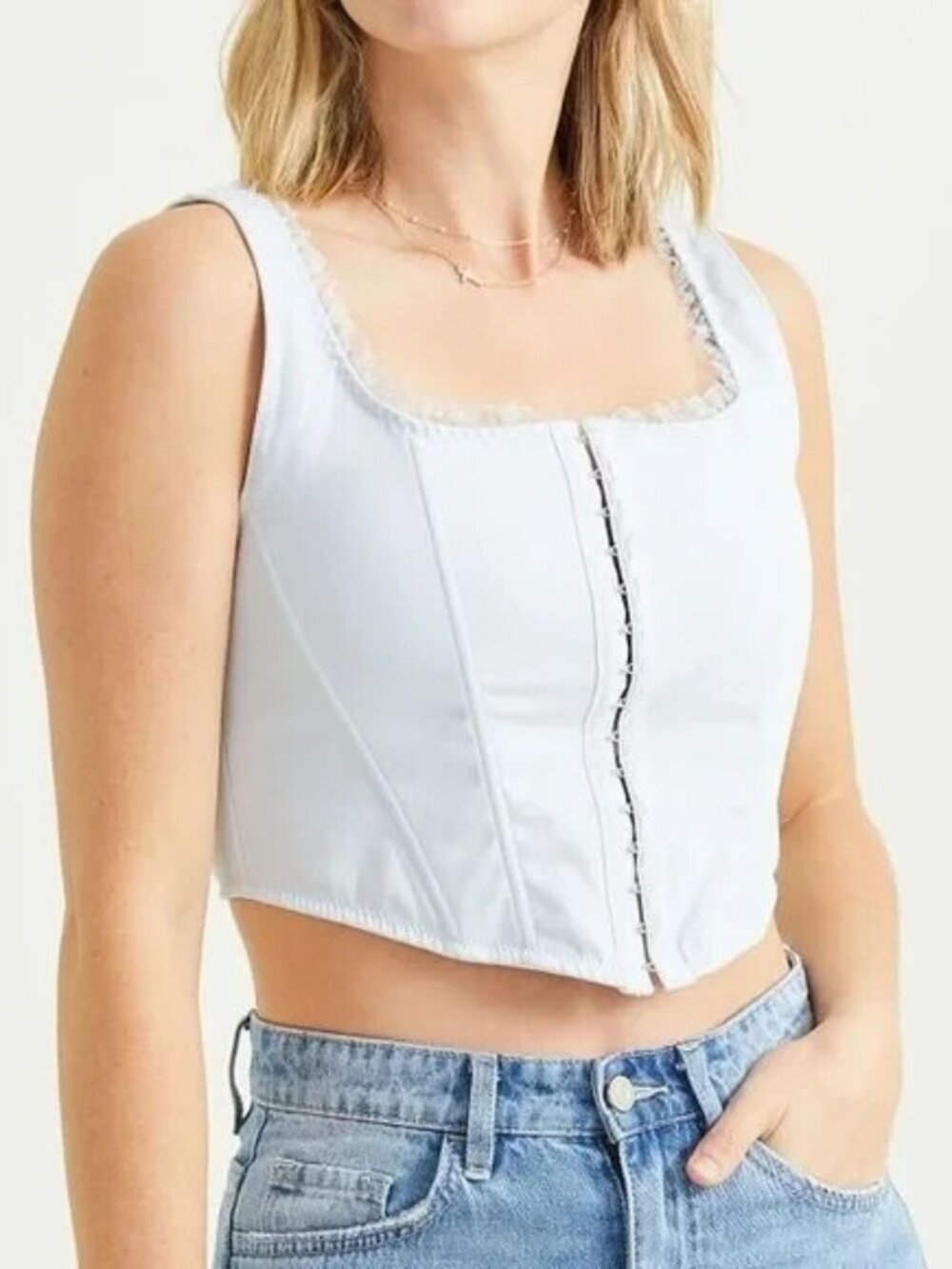 Altar'd State Womens L Pale Baby Blue Cropped Clara Corset Top Sleeveless Frills